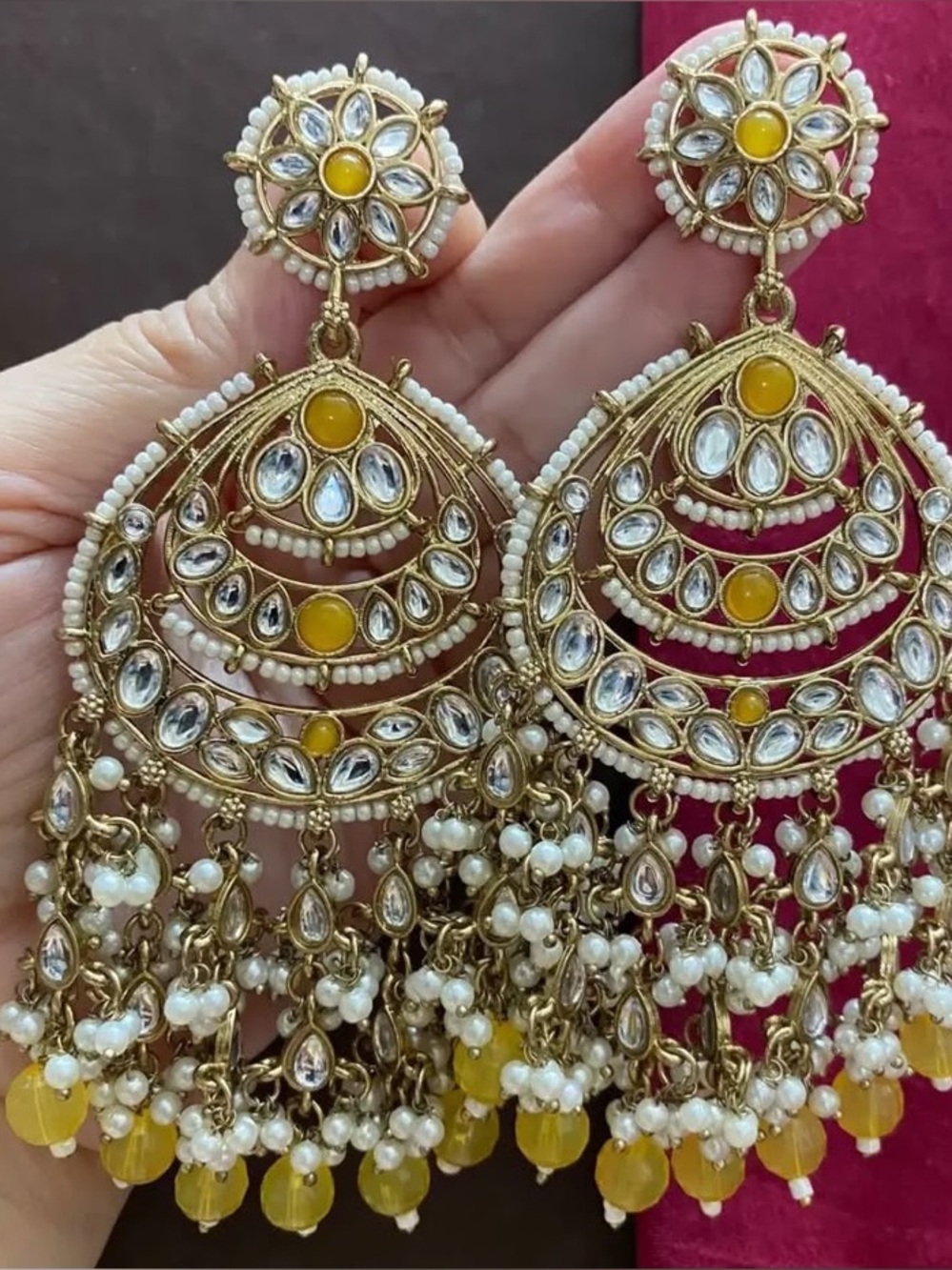 Gold-Tone Yellow & White Kundan Chandbali Earrings